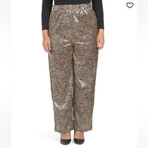 Oppa! Plus Straight Fit Animal Print Satin Pants Gold Leopard 1X NWT